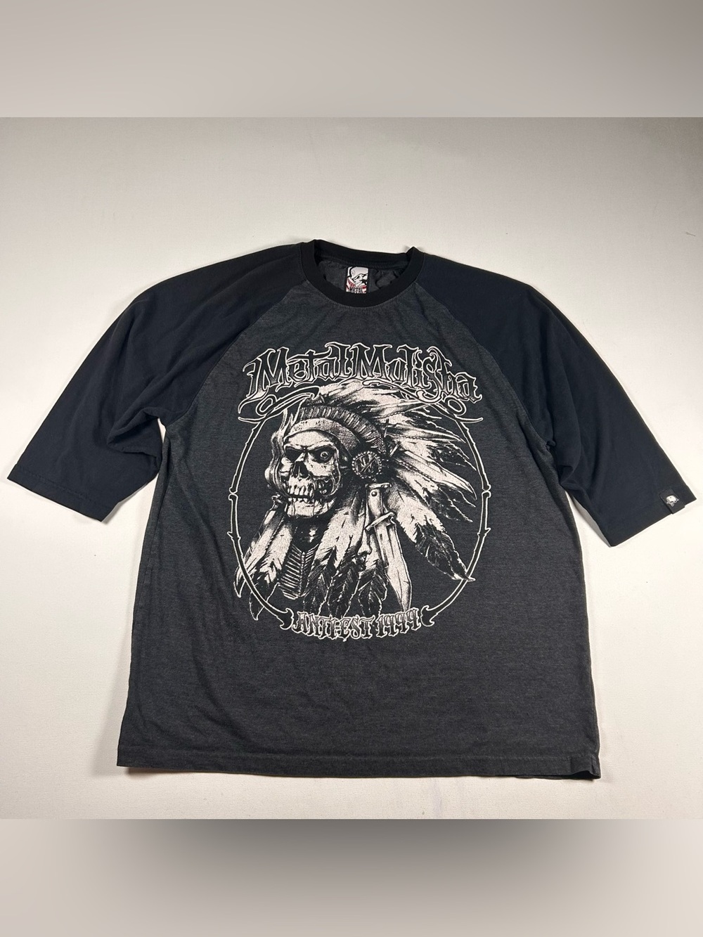 Metal Mulisha Mens Large 3/4 Sleeve Raglan Shirt Black Gray Vintage Y2K Skull